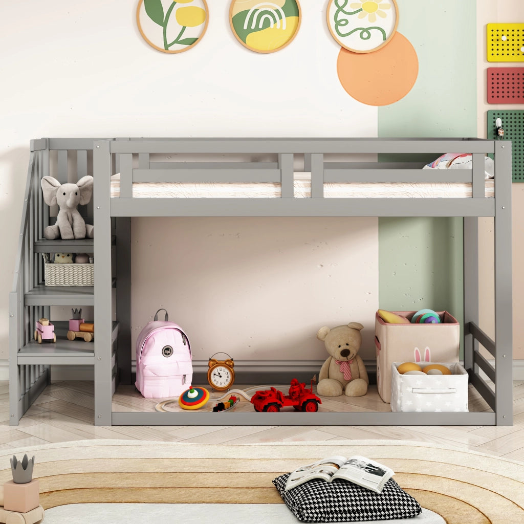 OKWISH Letto a Castello 90×200 cm, Letto Singolo basso con Scala di Sicurezza, Contenitore et Scaffali, senza Materasso, Grigio