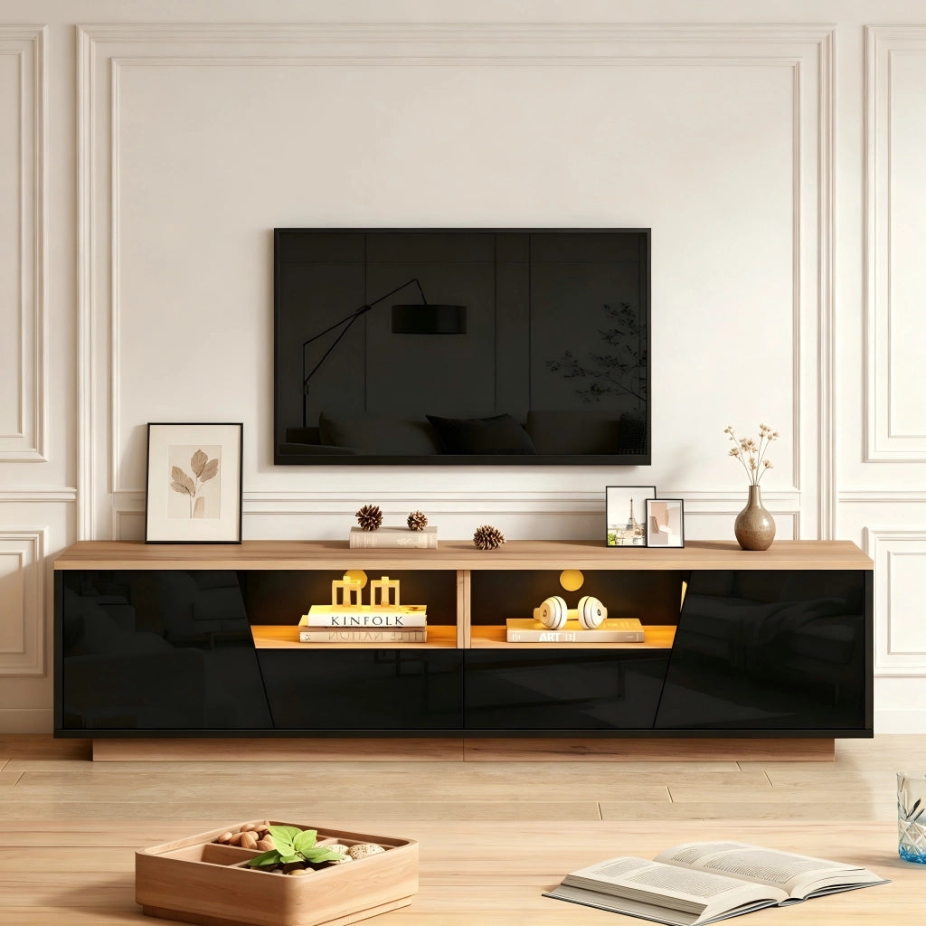 Mobile porta TV con LED 2 ante 2 cassetti e 2 vani semiaperti frontale lucido per soggiorno nero 180 × 40 × 46 cm