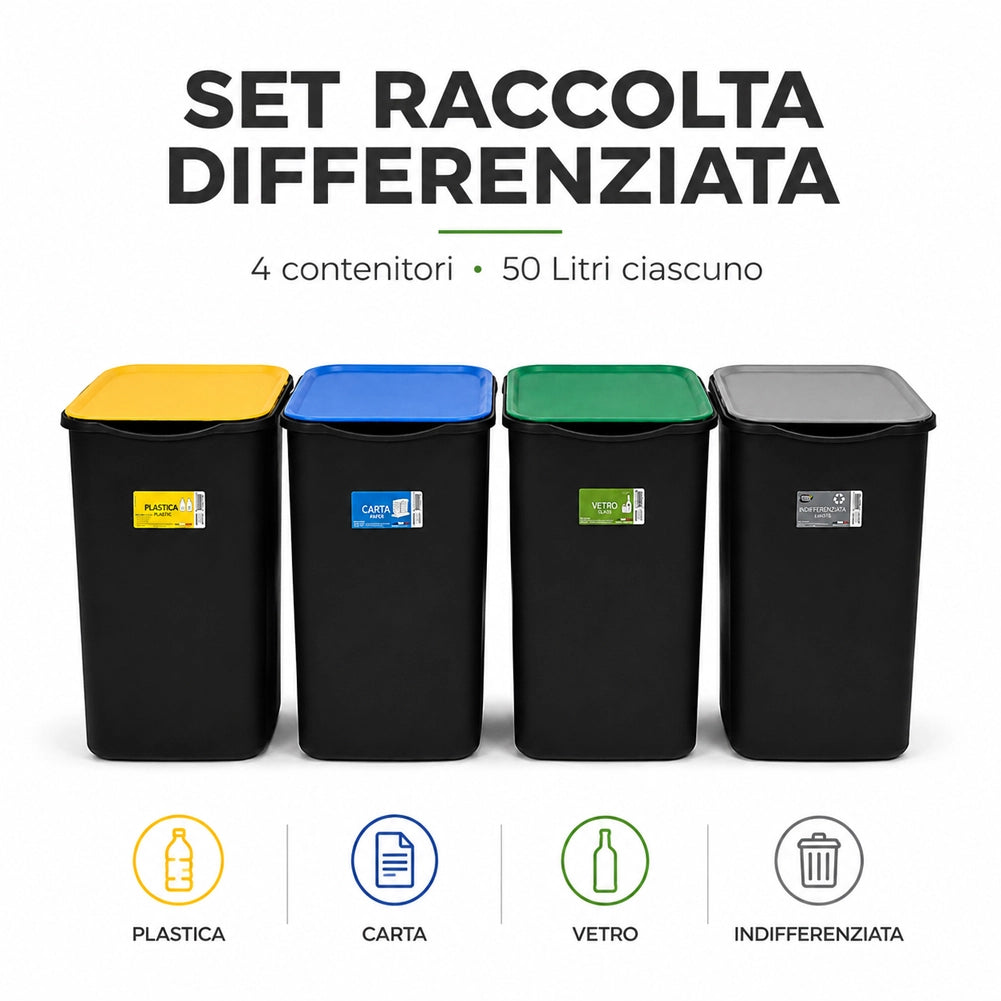 Set 4 Pattumiere Bidoni Raccolta Differenziata Spazzatura da 50 L 37.5x36x62 cm