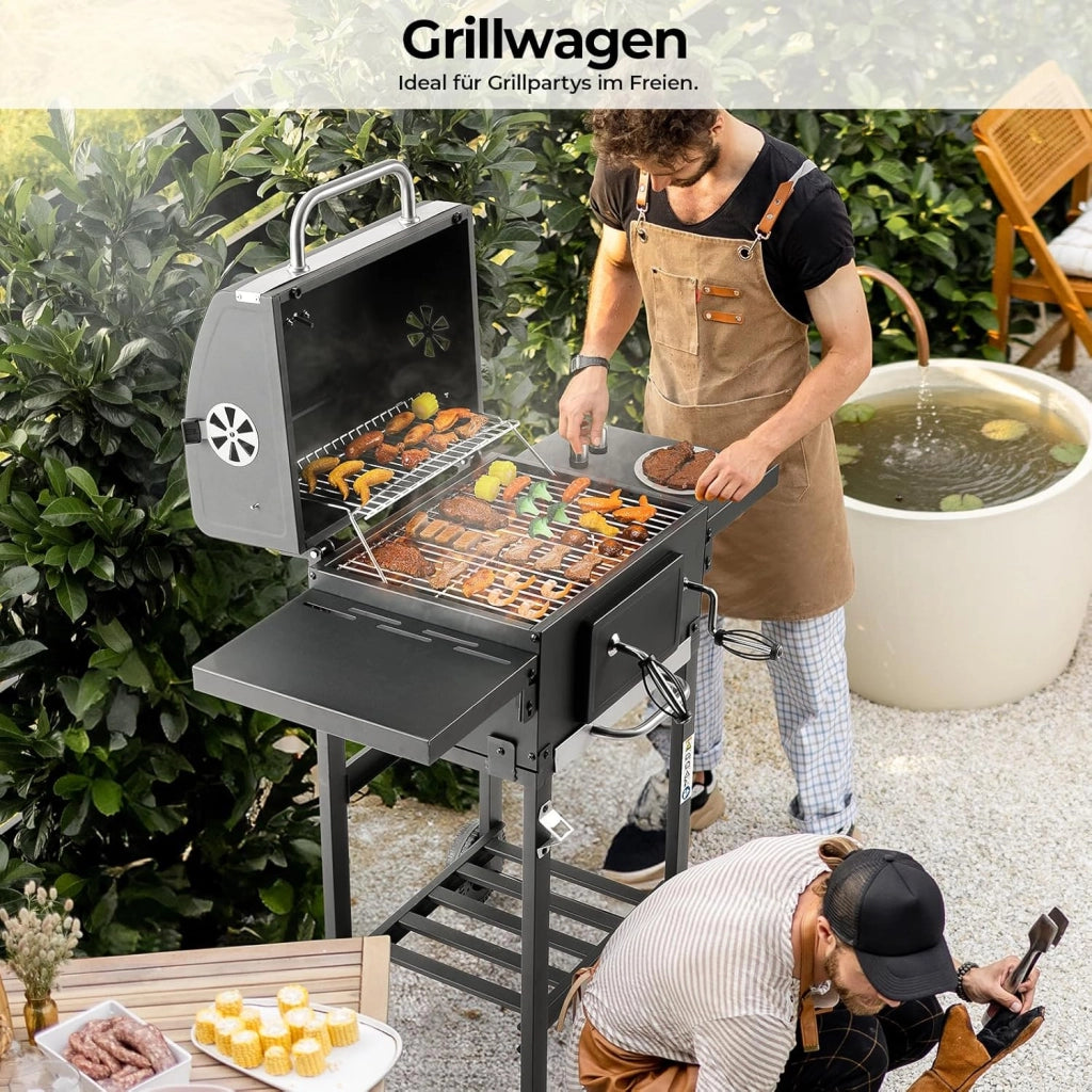 Barbecue Carbonella L, Barbecue a Carbonella con Coperchio, Griglia per Barbecue con 2PCS Ruote, Termometro, BBQ Smoker con Carrello per Campeggio, Giardino