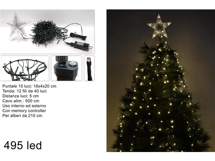Tenda Albero di Natale Minilucciole 495 Led con Puntale Bianco Caldo