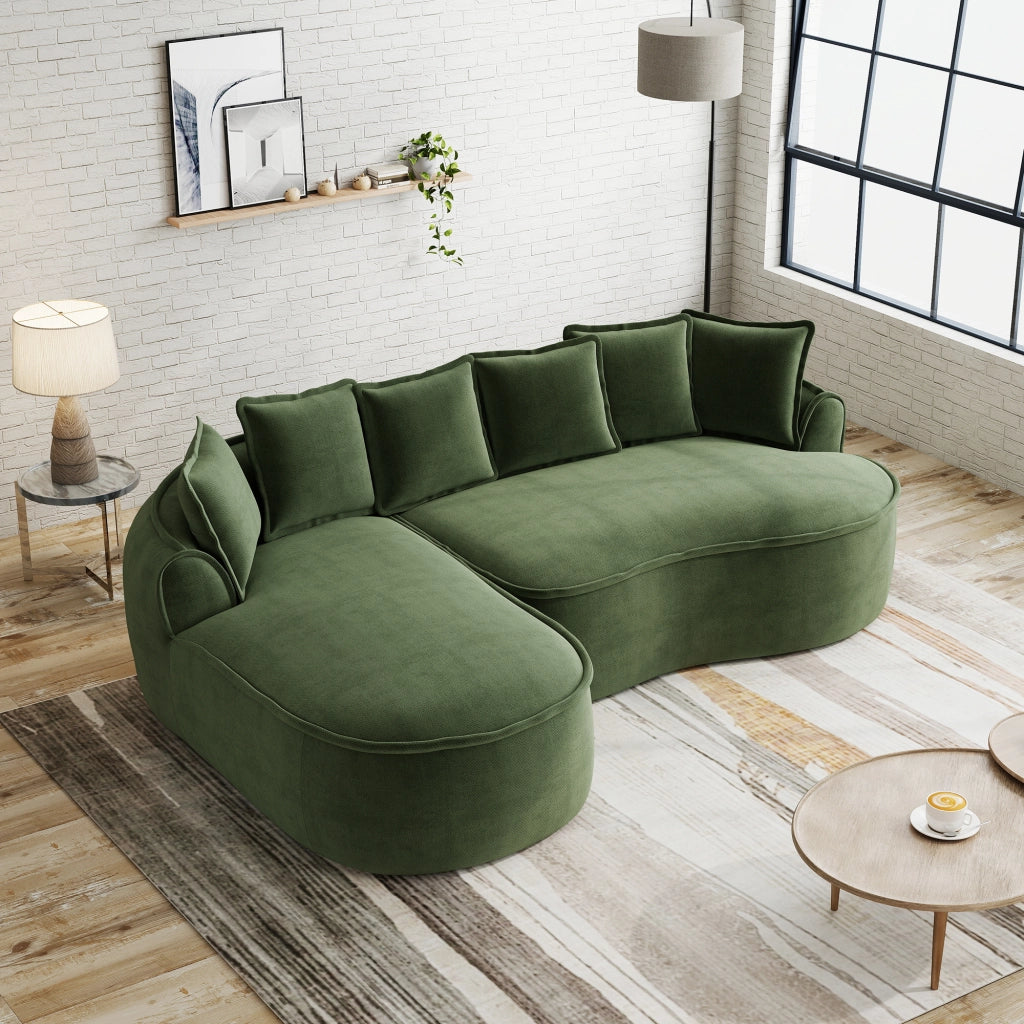 Divano modulare senza struttura in ciniglia con due moduli, seduta profonda, braccioli larghi e funzione letto verde