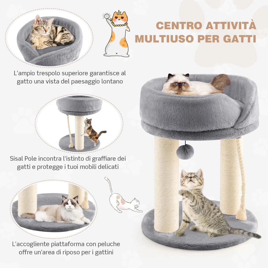Tiragraffi per Gatti, Albero Tiragraffi Gatto con Cuccia in Peluche, Pallina, Corde e Tiragraffi in Sisal, Tiragraffi da Divano in Legno per Gatti Piccoli, 43 x 43 x 53 cm (Grigio)