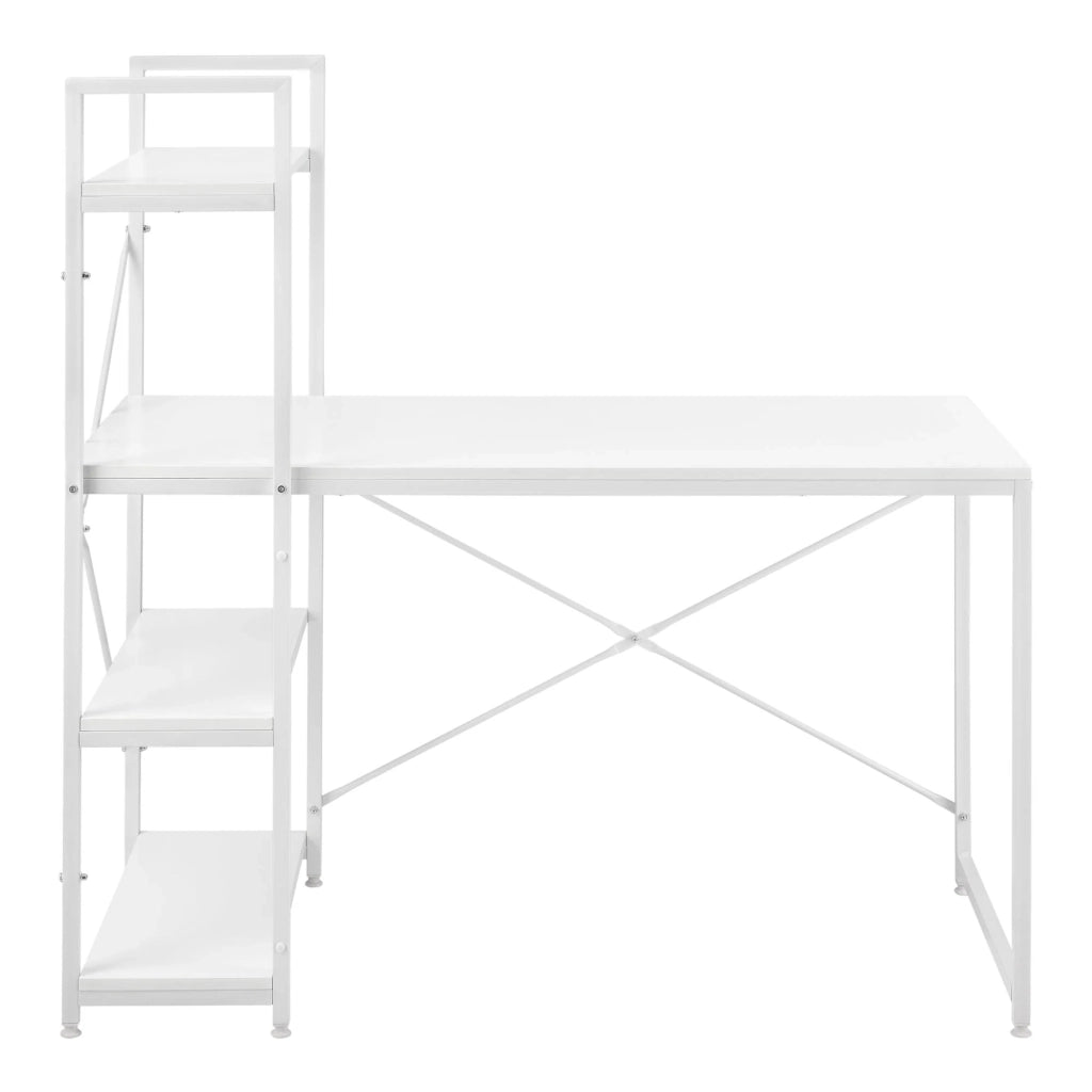 Scrivania con ripiani postazione di lavoro tavolo da ufficio pannello di fibra rivestito in melaminico e metallo 122 x 120 x 64 cm bianco 03_0001139