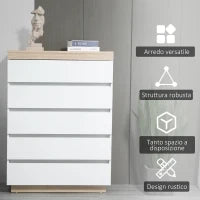 Cassettiera 5 Cassetti Minimal in Legno, 80x40x109 cm, Bianco e color Rovere