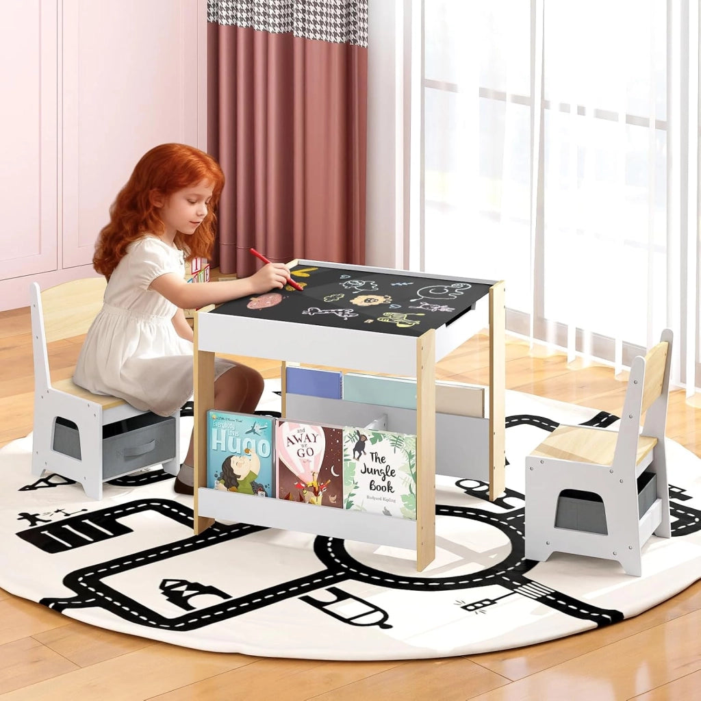 4 in 1 Set Tavolo e Sedie per Bambini 3+ Anni, Tavolo e Sedie con Piano Reversibile, Scaffali e Cassetti, Ideale per Disegno, Lettura e Studio (Naturale, Stile 3)