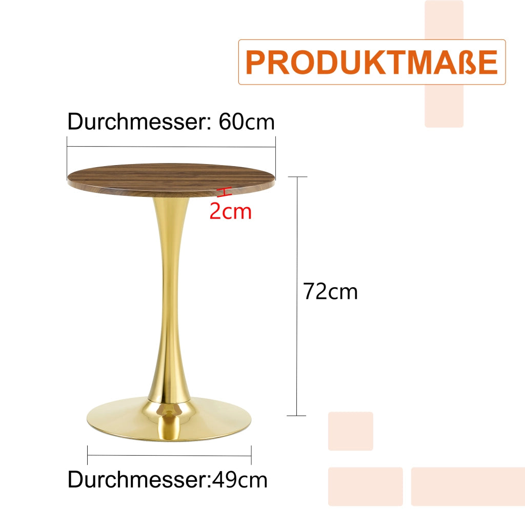Tavolo da pranzo rotondo con base centrale e piano effetto noce stile retrò moderno in MDF e metallo oro per soggiorno e sala da pranzo