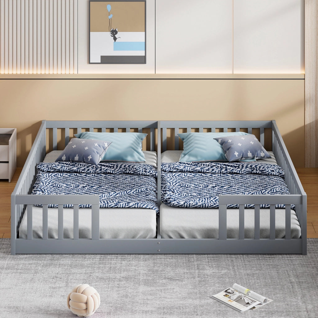 Letto per bambini con recinzione di sicurezza e 2 posti letto; pino e MDF; grigio; 90x200 cm; senza materasso