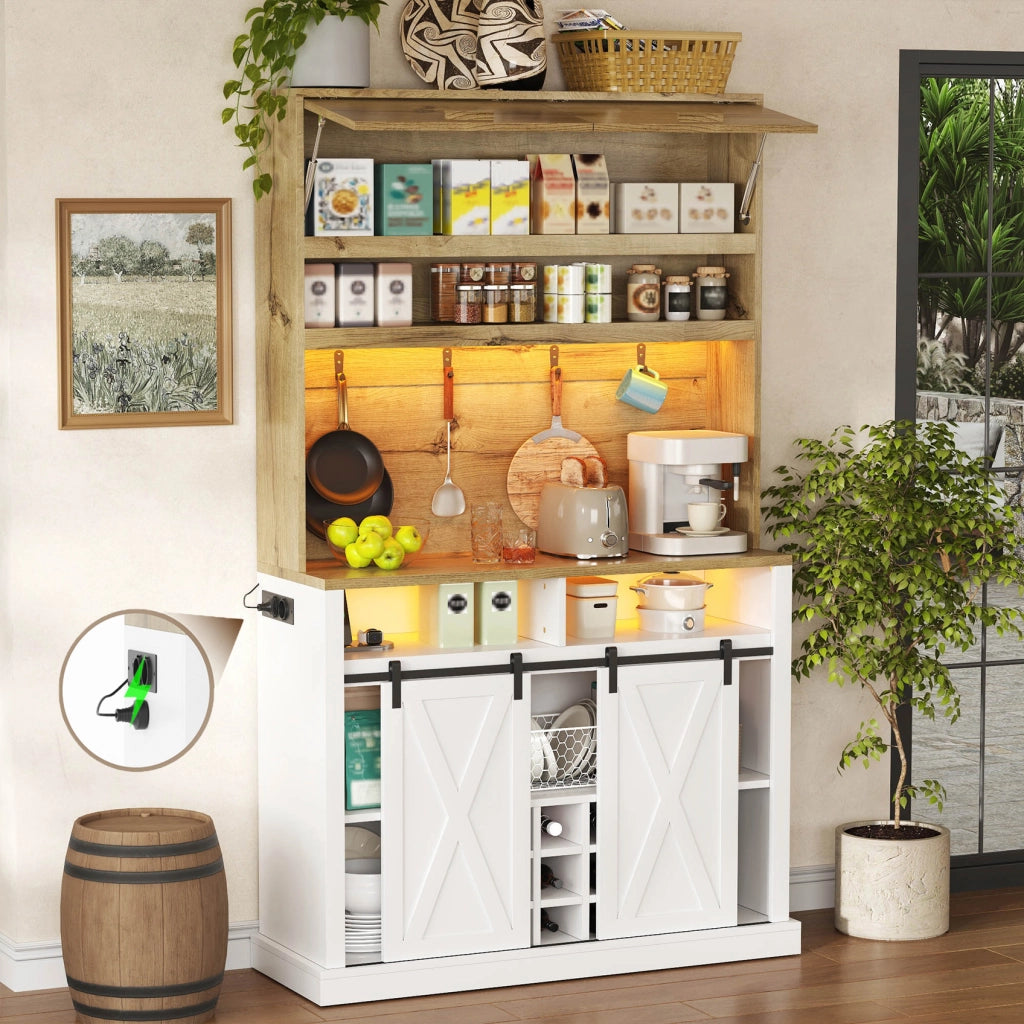 Credenza alta da cucina con vetrina, LED RGB, ripiani aperti e ante scorrevoli, 110 x 40 x 191 cm
