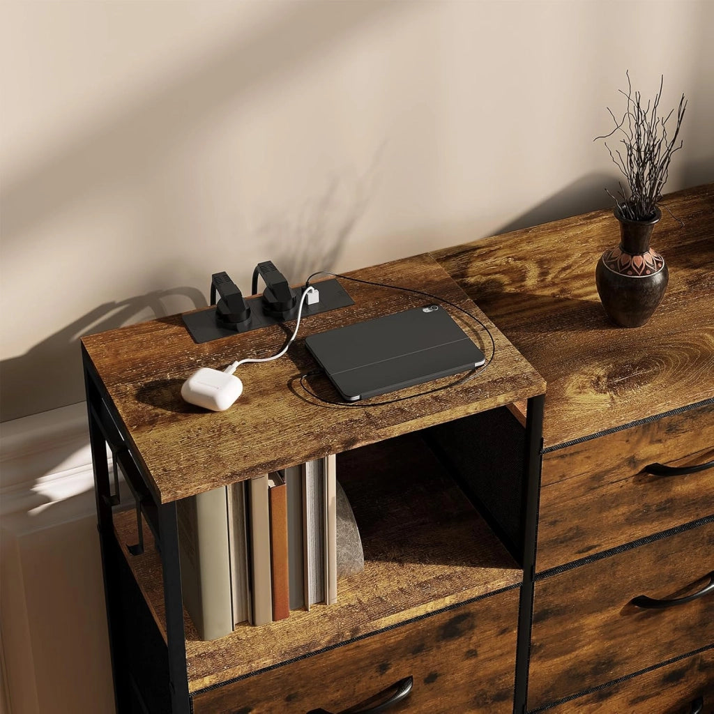 Cassettiera a 8 Cassetti in Tessuto, Cassettiera per Camera da Letto, con Sezione di Ricarica e Ganci, Piani Legno e Struttura in Metallo, Rovere Vintage+Nero