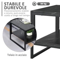 Tavolino da Caffè Nero, Tavolino Effetto Marmo con Ripiano Inferiore, da Soggiorno o Ufficio, Design Moderno, Telaio in Acciaio, 106x50x45cm, Nero