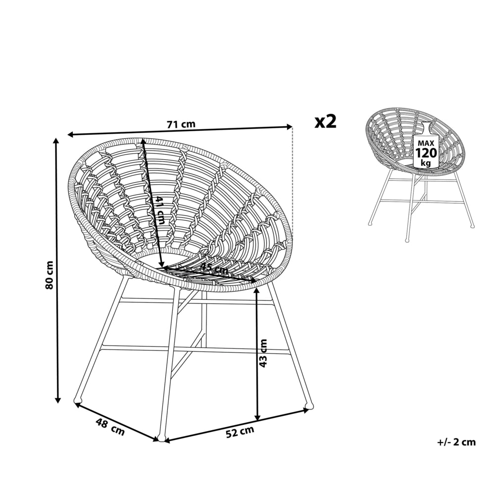 Set di 2 sedie da giardino gambe in metallo rattan sintetico marrone chiaro forma rotonda Boho