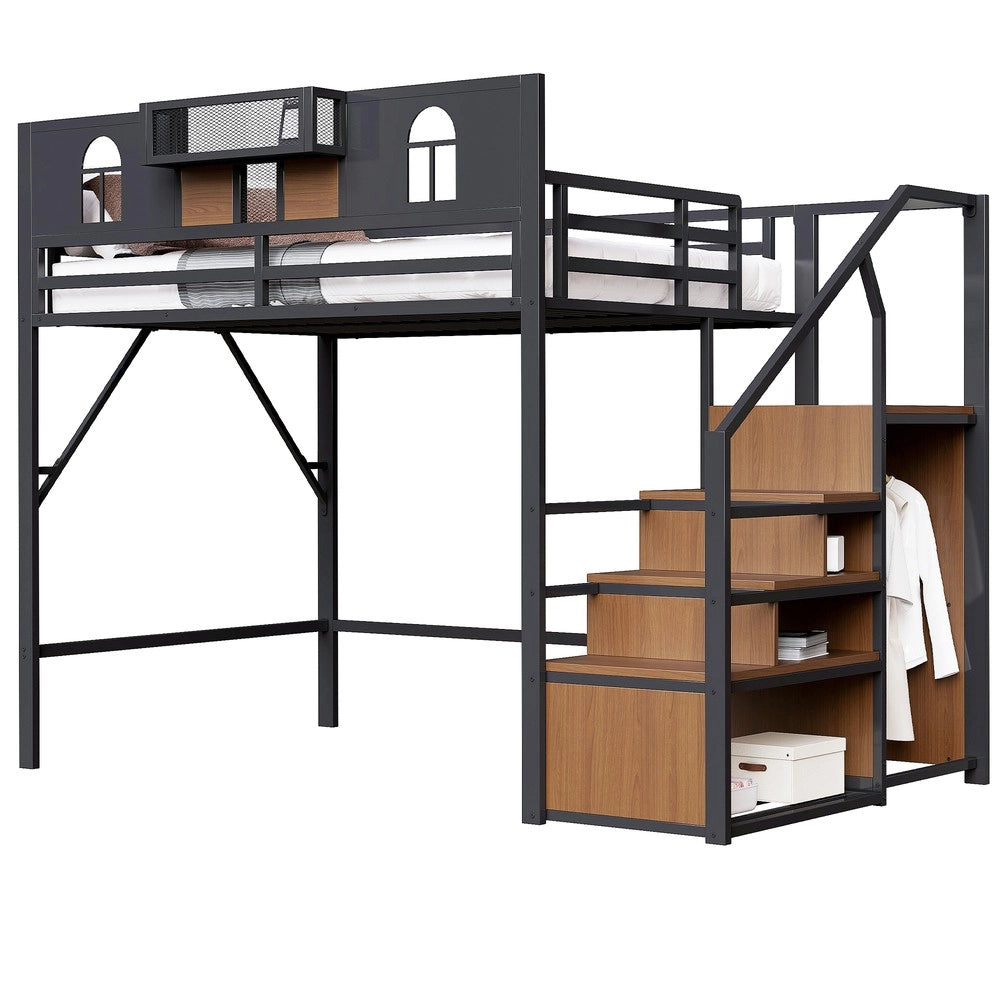 Letto a Soppalco in Metallo con Contenitore ¨C MINIMAL ¨C Nero 140x200