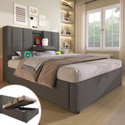Letto imbottito grigio 90x200 cm con materasso, ricarica USB-C e vano contenitore