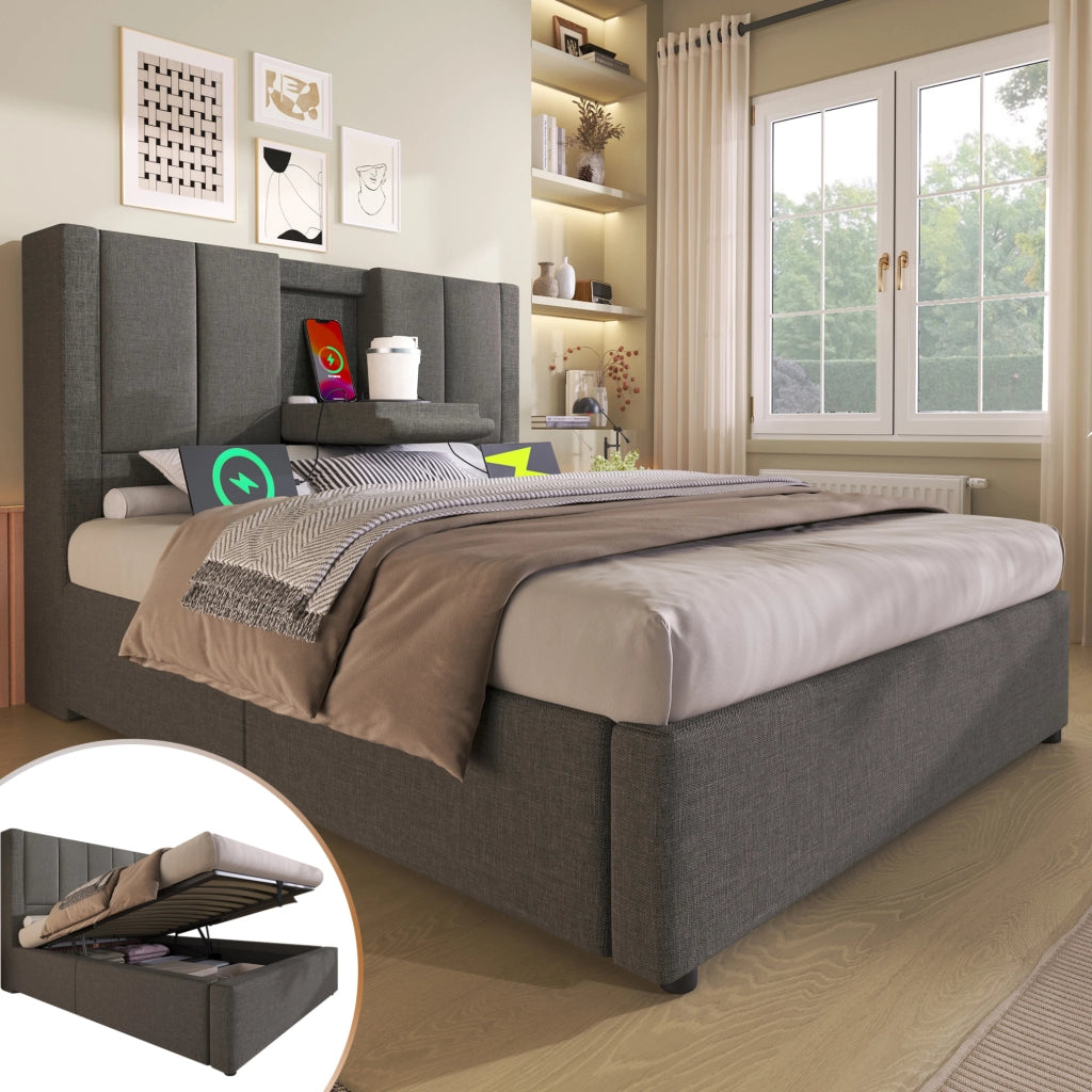 Letto imbottito grigio 90x200 cm con materasso, ricarica USB-C e vano contenitore