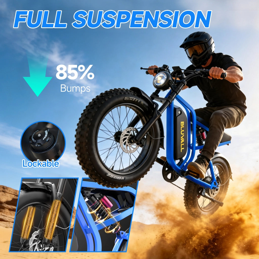 Bici Elettrica 20" Fat Bike 250W (Picco 1500W), Batteria 52V 20Ah Rimovibile con Serratura, Freni Idraulici + Doppia Sospensione Idraulica, Shimano 7 Marce, Bici per Citt¨¤ e Fuoristrada Portata 150kg