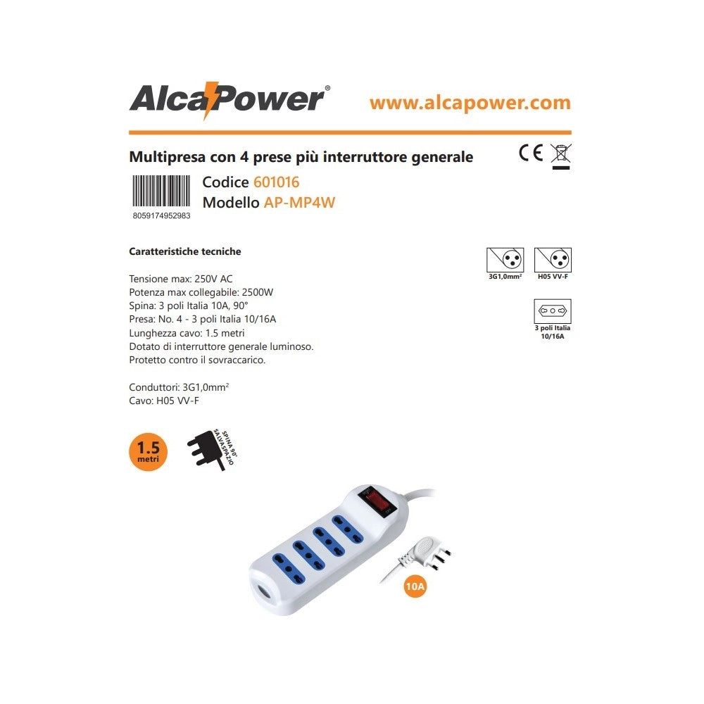 Alca power multipresa bianca con 4 prese bipasso spina a 90° cavo da 1,5mt con interruttore