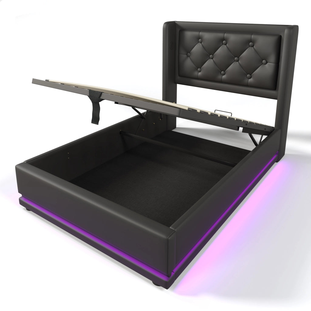 Letto singolo imbottito 90x200 cm in PU nero con contenitore idraulico, testiera con USB e Type-C, LED a 3 lati