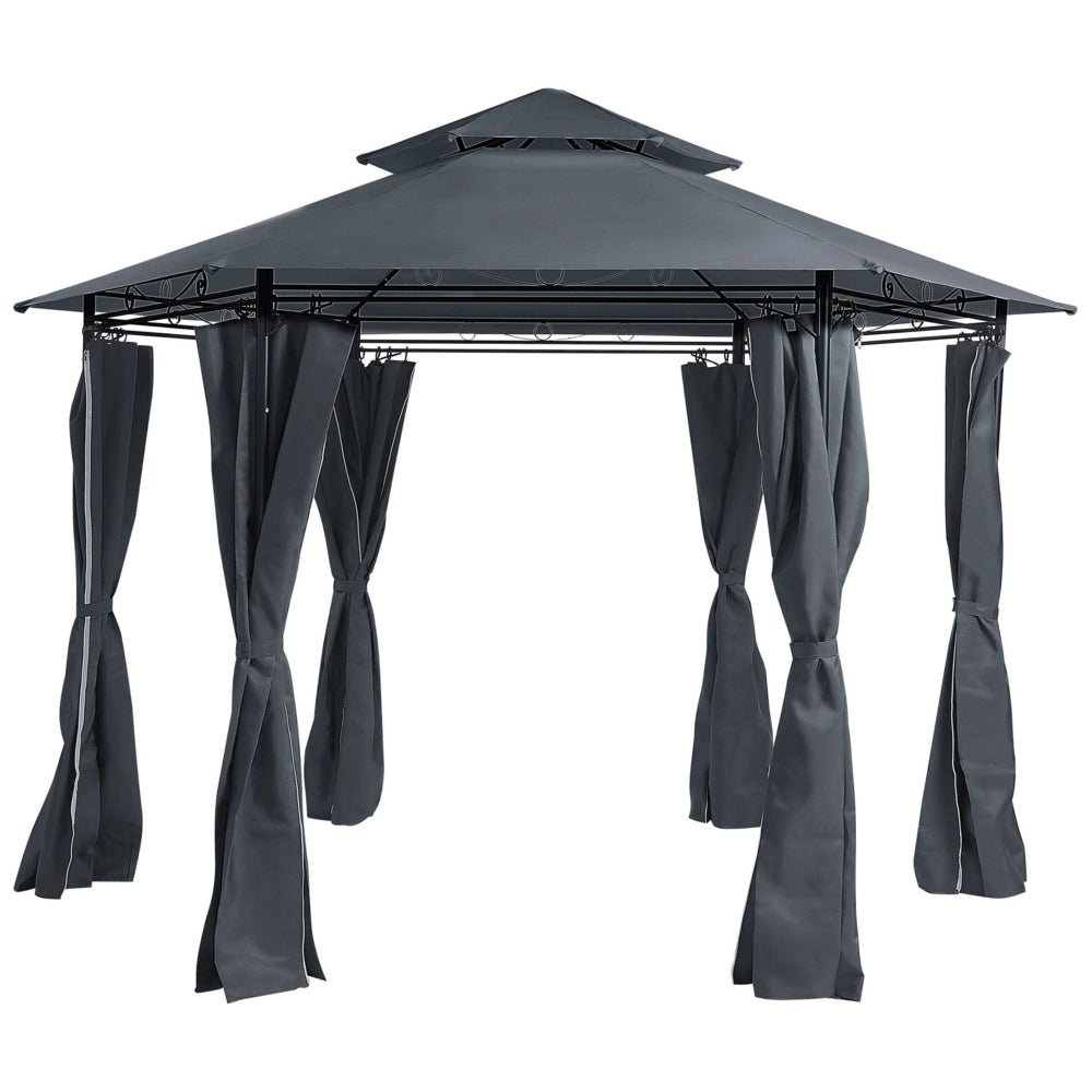 Gazebo da giardino Tende in poliestere grigio scuro Struttura in metallo Nero Mobili da giardino Resistente ai raggi UV
