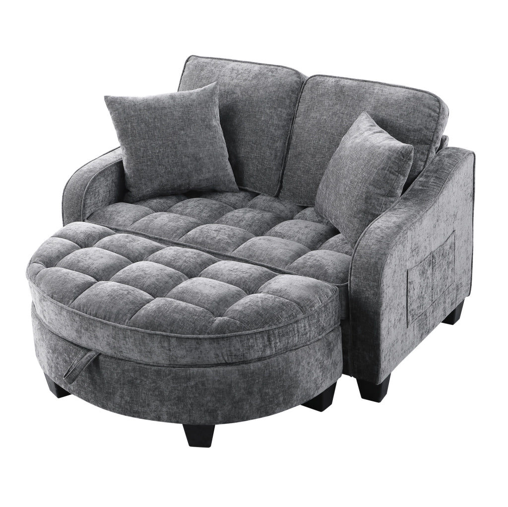 Divano letto 132x129x93 cm convertibile con pouf contenitore in eucalipto grigio scuro