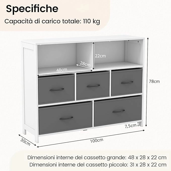 Cassettiera in Tessuto, Cassettiera con 5 Cassetti e 2 Ripiani Aperti, con Contenitori in Tessuto e Ampio Piano, per Camere da letto, Soggiorno e Ingresso, 100 x 30 x 78 cm