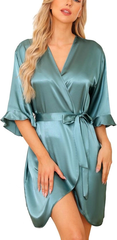 Kimono da camera per donne con cintura e collo V, abbigliamento da notte giallogrigio, taglia XXL