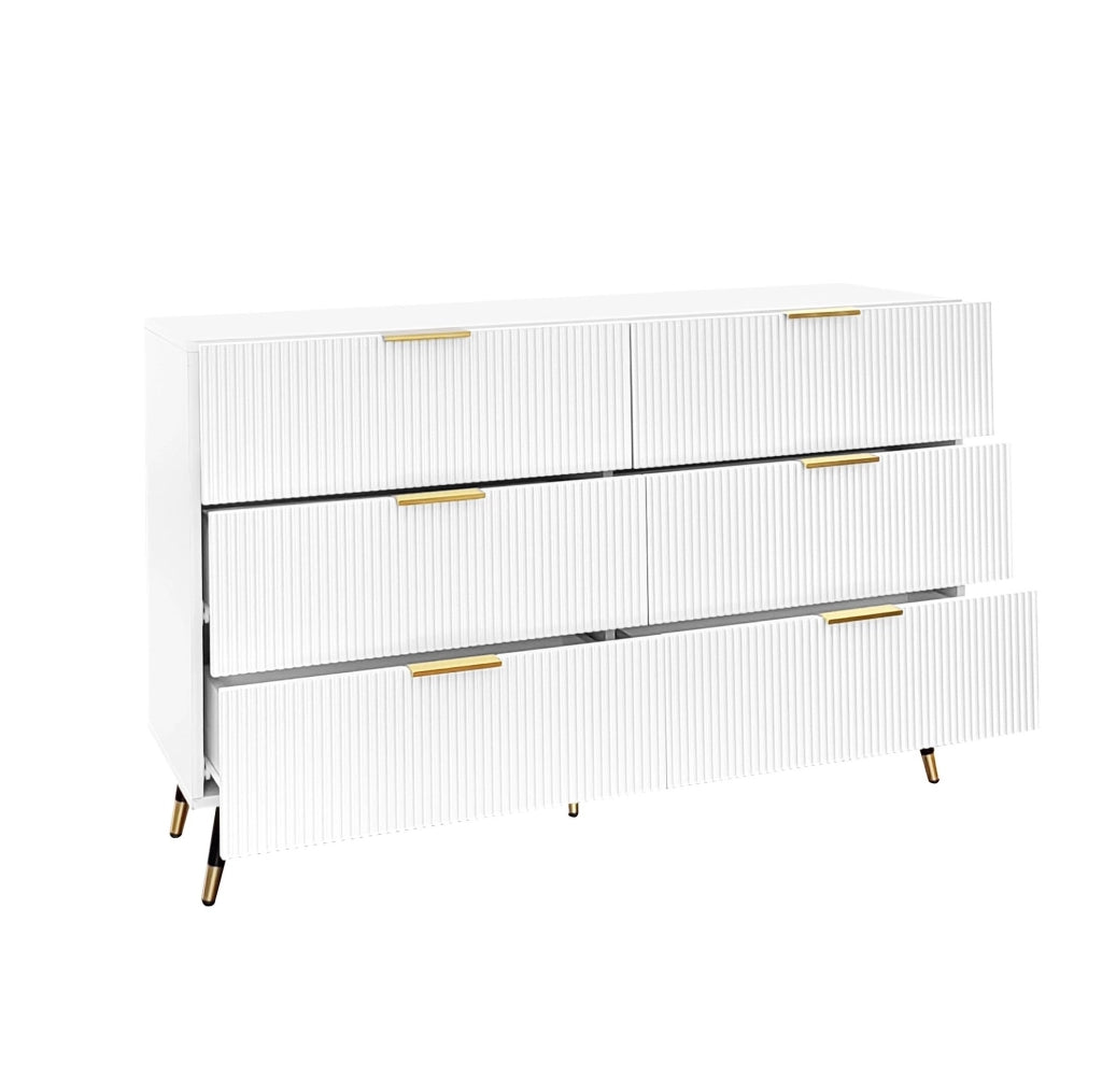 Credenza 120x77x40 cm con 6 cassetti; pannello truciolare bianco e oro