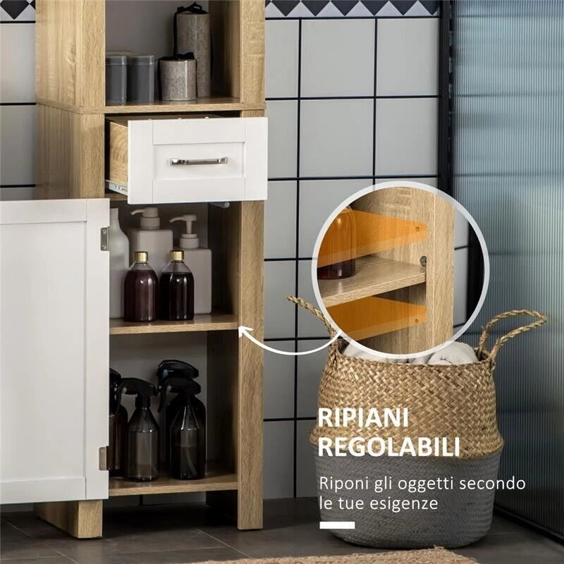 MOBILE BAGNO ALTO CON CASSETTO 2 RIPIANI APERTI REGOLABILI 37X30X184 CM BICOLOR