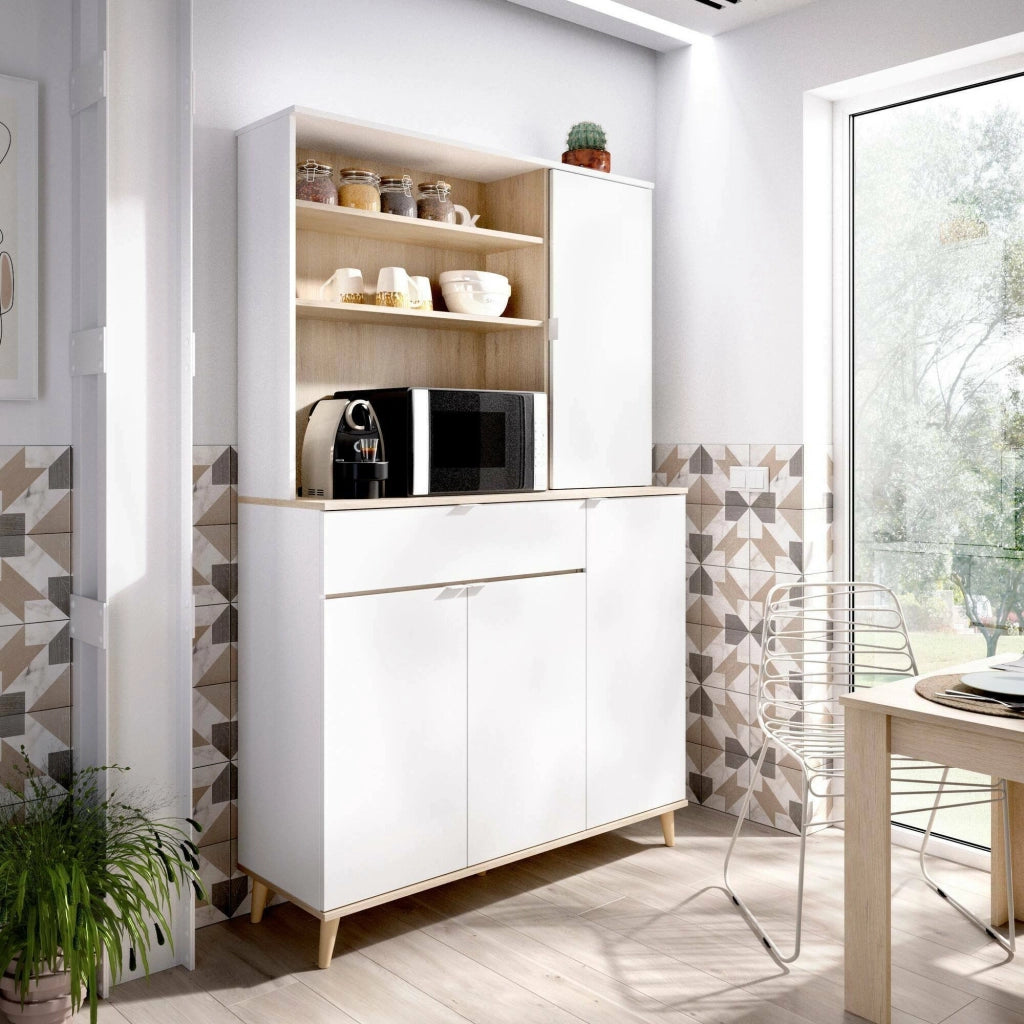 Credenza Aeris, Buffet dispensa da soggiorno, Madia da salotto moderna a 4 ante, 120x40h191 cm, Bianco e Rovere