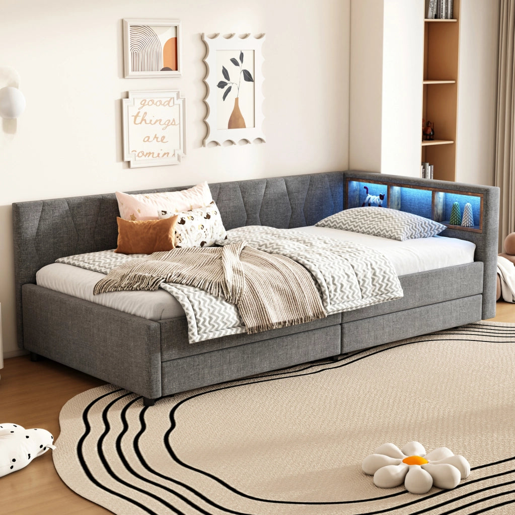 Divano letto 90x200 cm con LED; USB e Type C; in lino e MDF grigio (Senza materasso)