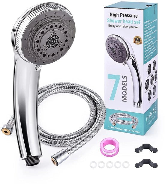 Douchekop con 7 tipi di getto, alta pressione, economia d'acqua, doccia a mano con tubo (1,5 m), doccia a mano con regolazione di pressione, douchekop universale, finitura cromata.