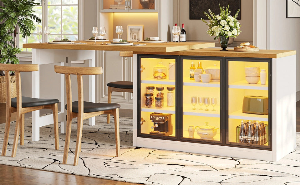 Tavolo allungabile con credenza laterale e luci multicolore, bianco