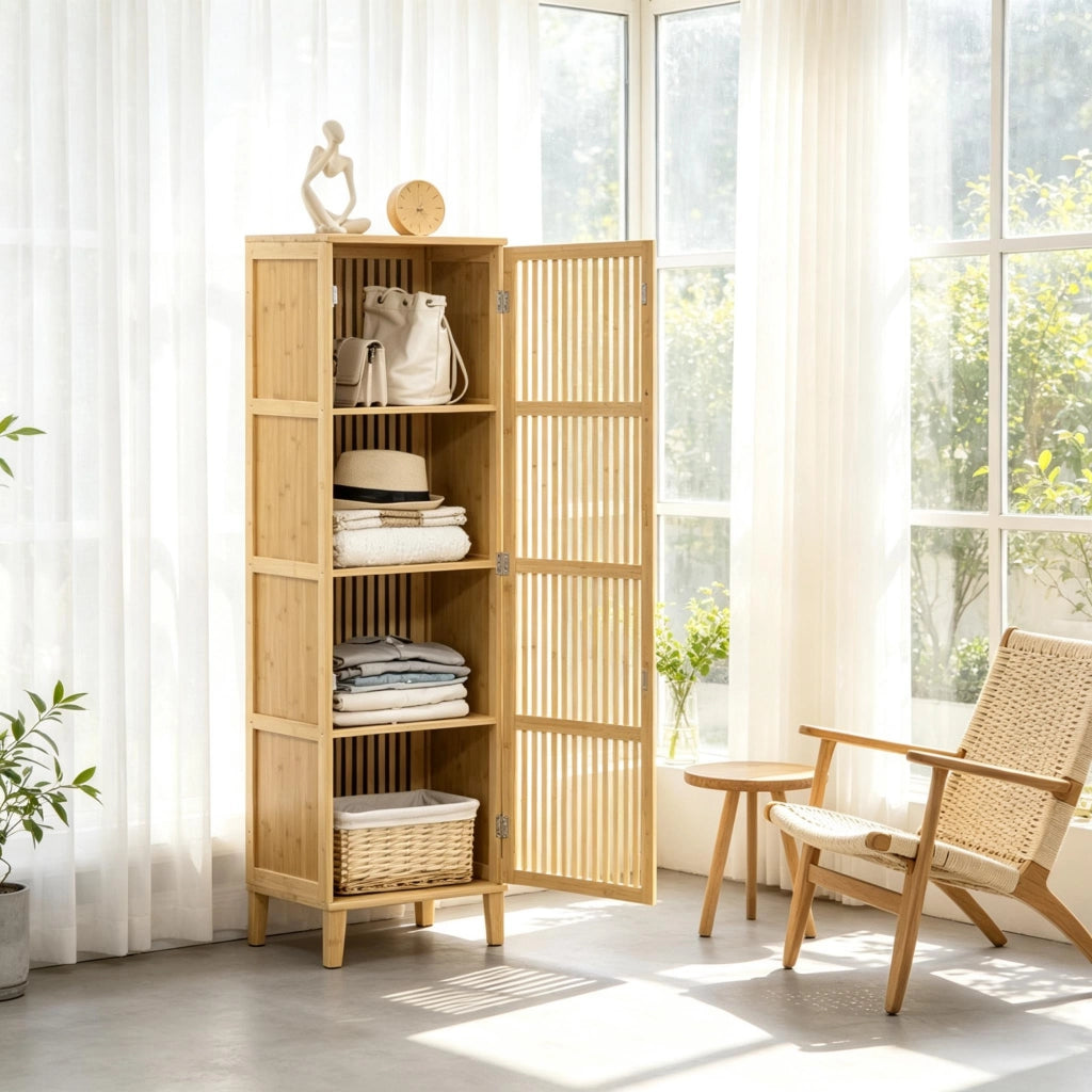 ARMADIO Portaoggetti in Bambù 40x30x140 cm Naturale con 4 ripiani