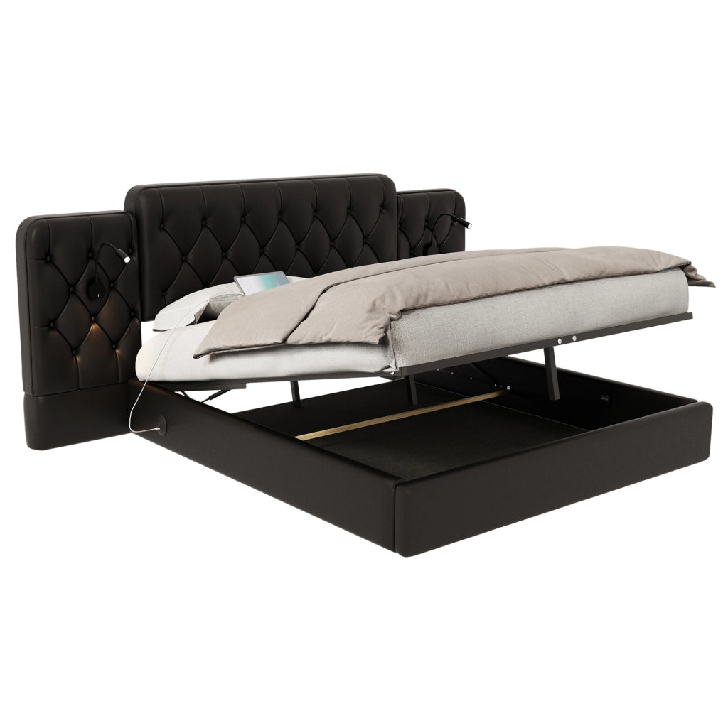 Letto matrimoniale 160x200 cm in PU nero con USB e luci