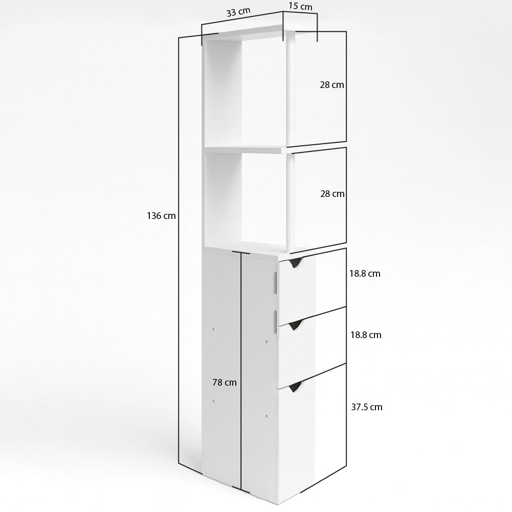 Mobile Bagno Alto Salvaspazio in Legno con 3 Cassetti e 2 Ripiani 33x15x136cm
