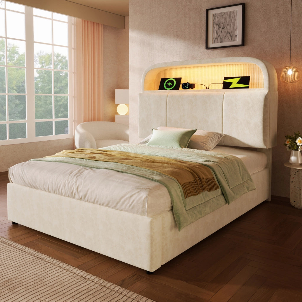 Letto imbottito 90x200 beige con contenitore, LED e USB/Type-C