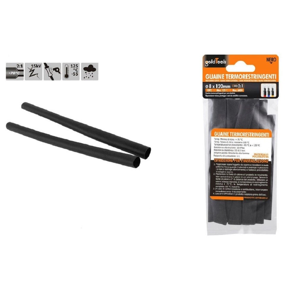 Trade Shop - Set 10 Pz Guaine Termorestringenti Tubi Termoretrattili Neri 8x120 Mm Cavi 57064 -
