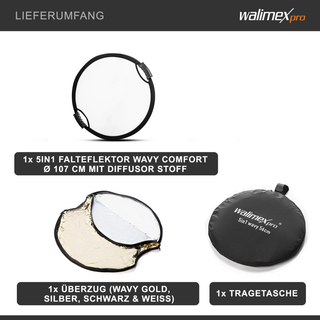 Set 5-in-1 di riflettori fotografici wavy comfort con funzione pop up - Ø 107 cm - Wavy-gold Argento Bianco Nero Trasparente - Pannello riflettente pieghevole per fotografia ritratto prodotto