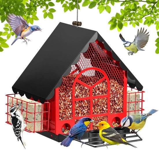 Casa alimentare per uccelli, grande asta alimentare, casa metallica appesa per uccelli con 2 bacini di acqua, scarico integrato per casa alimentare, resistente alle intemperie, per uccelli cardinale