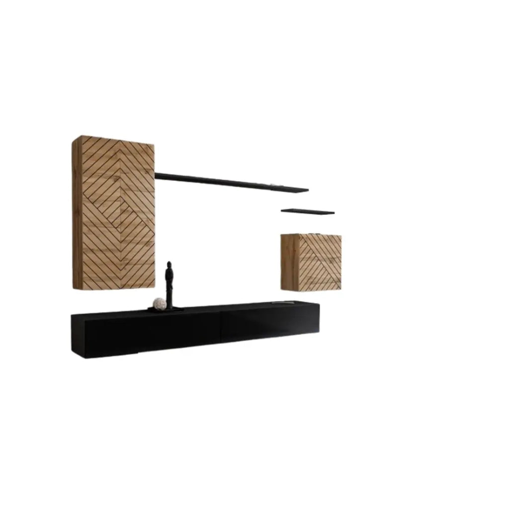 Set mobile soggiorno SWITCH II - Rovere Wotan e Nero - Finiture effetto rovere fresato e nero lucido - Design moderno