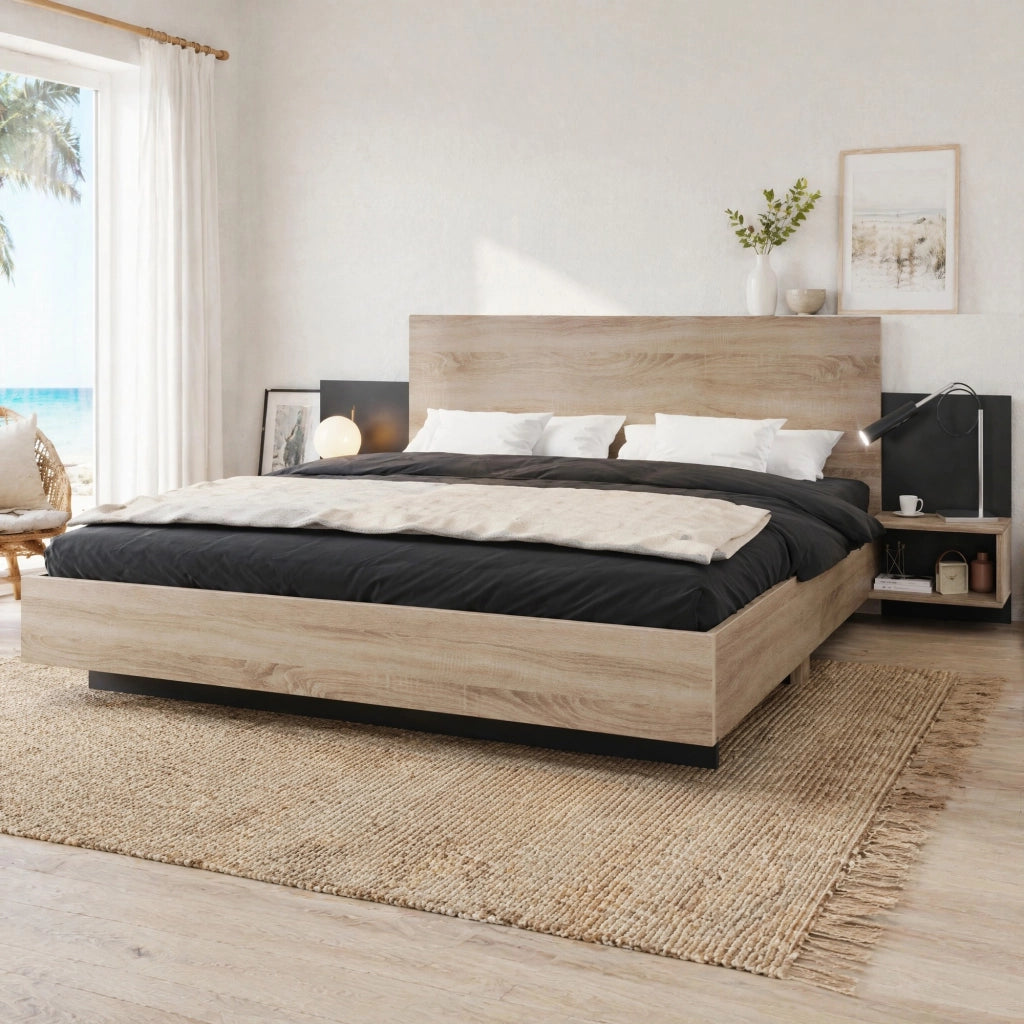 Letto matrimoniale in legno 160x200 cm con 2 comodini, design moderno in rovere Sonoma e grigio scuro