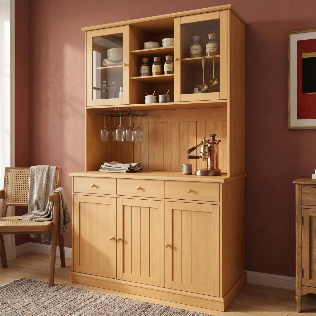 Buffet alto 120 x 40 x 191 cm con ante in vetro, portabicchieri, ripiani regolabili e prese USB, colore naturale