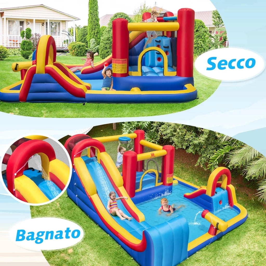 Castello Gonfiabile per Bambini, Parco Acquatico Gigante con Doppi Scivoli d'Acqua, 2 Piscine, Area Salto, Canestro e Parete da Arrampicata, 450 x 392 x 216 cm