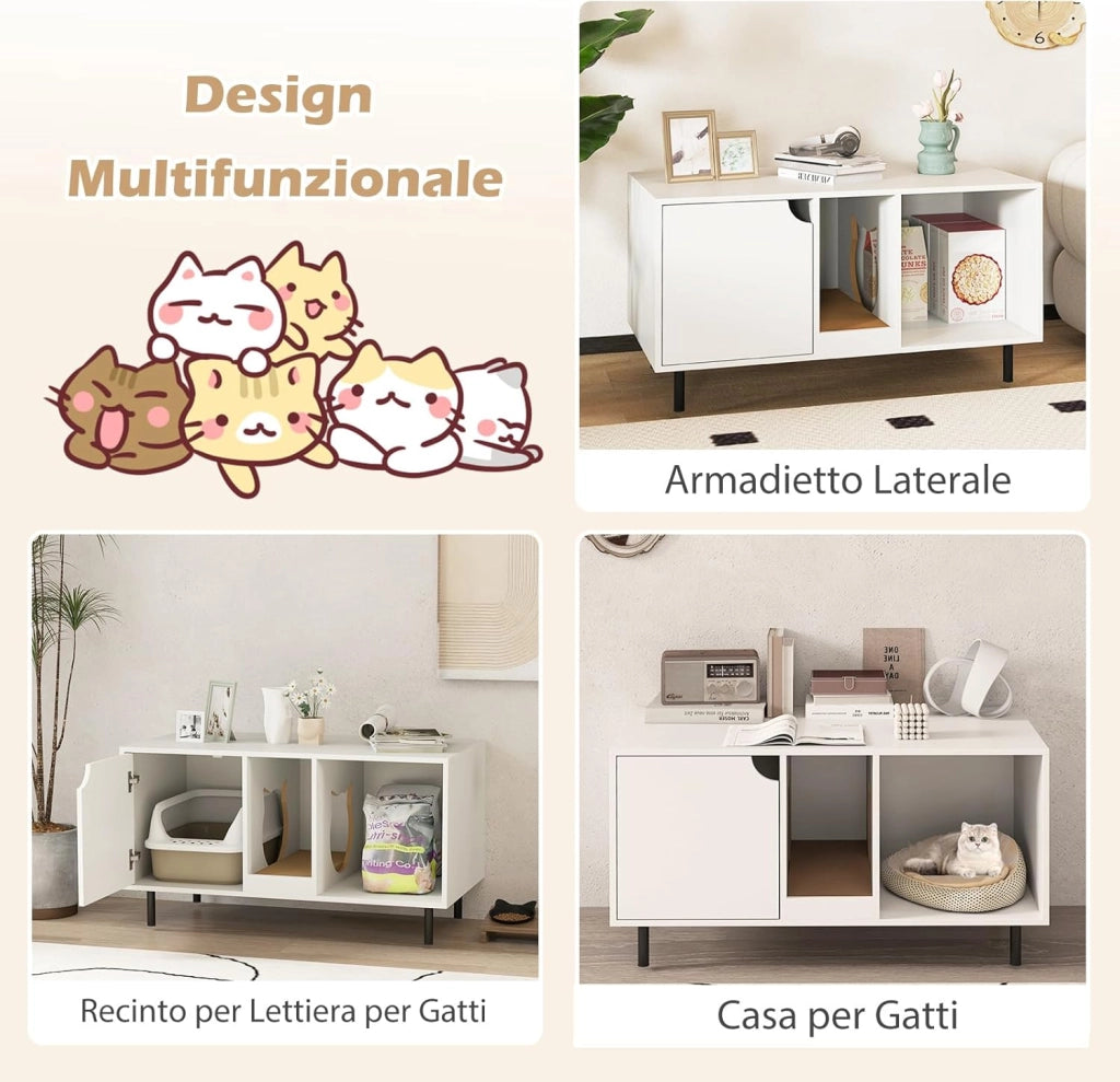 Lettiera Nascosto, Mobile Laterale in Legno con Ingresso a Forma di Testa di Gatto, Pannello Grattugia Rimovibile e Gambe in Metallo, Tavolino per Animali Domestici, Bianco, Portata di 120 kg