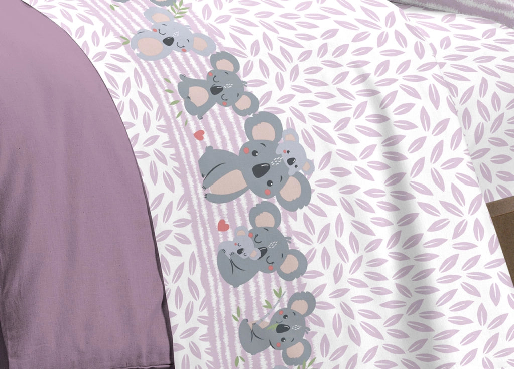 Completo Lenzuola Letto Pensieri Delicati 100% Cotone Dis. Koala Family - Singolo - Rosa
