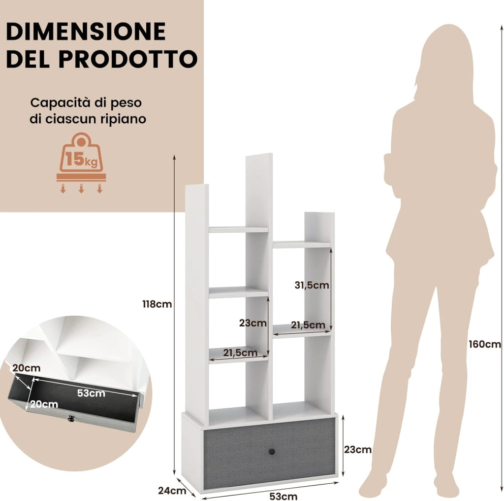 COSTWAY Libreria in Legno a 7 Piani, Scaffale Multifunzionale con 1 Cassetto e 7 Scomparti, Scaffale Espositivo per Soggiorno Studio Ufficio, 53x24x118 cm (Bianco, 1 cassetto)