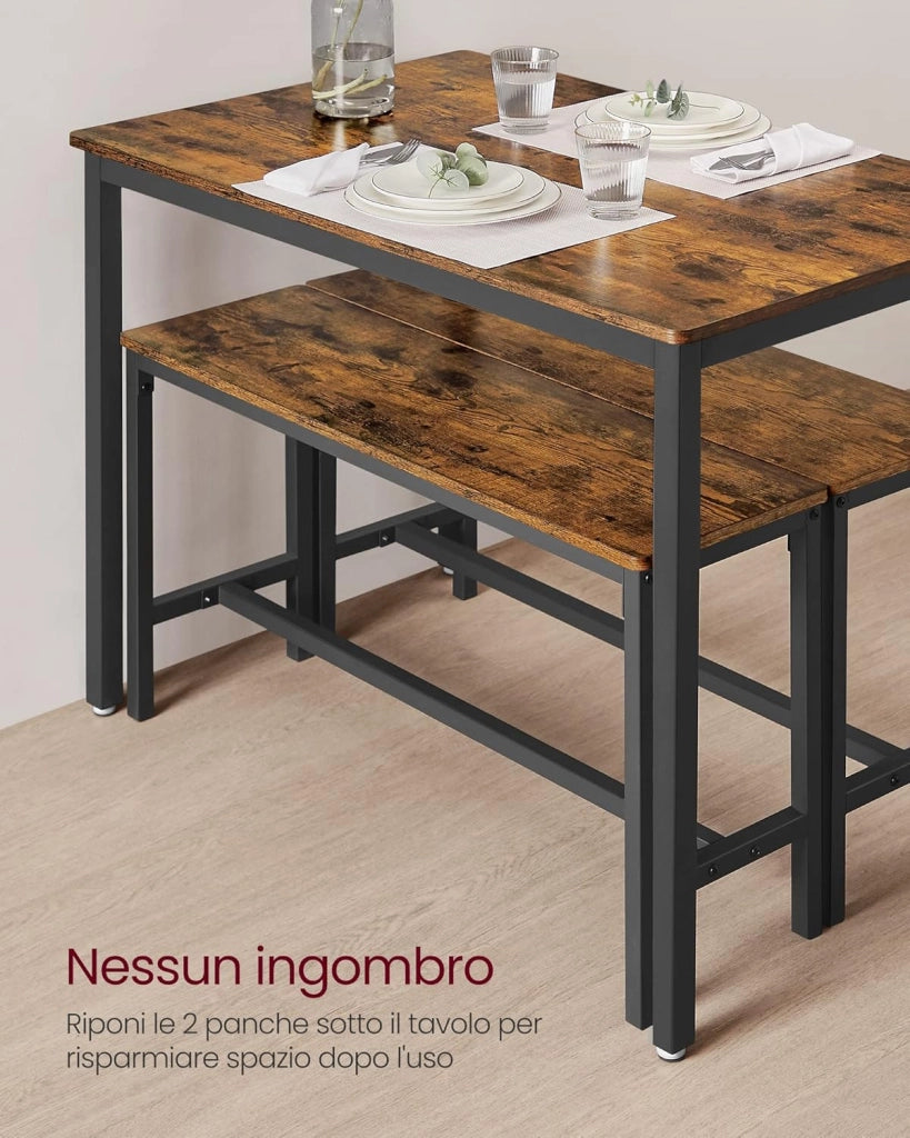 VASAGLE Tavolino da Pranzo con 2 Panche, Set di 3 Pezzi, Tavolo da Cucina 70 x 110 x 75 cm, 2 Panche 30 x 97 x 50 cm, Struttura in Acciaio, Marrone Vintage e Nero KDT070B01