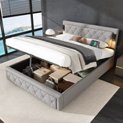 Letto imbottito contenitore con Downlight e USB, rete a doghe in legno, lino grigio