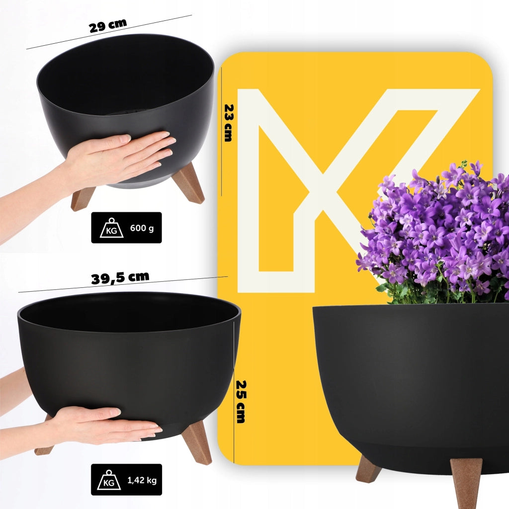 Vaso da fiori KADAX, fioriera, coperchio, gambe, inserto, supporto per fiori, 29+40 cm, ciotola nera, 2 pezzi.