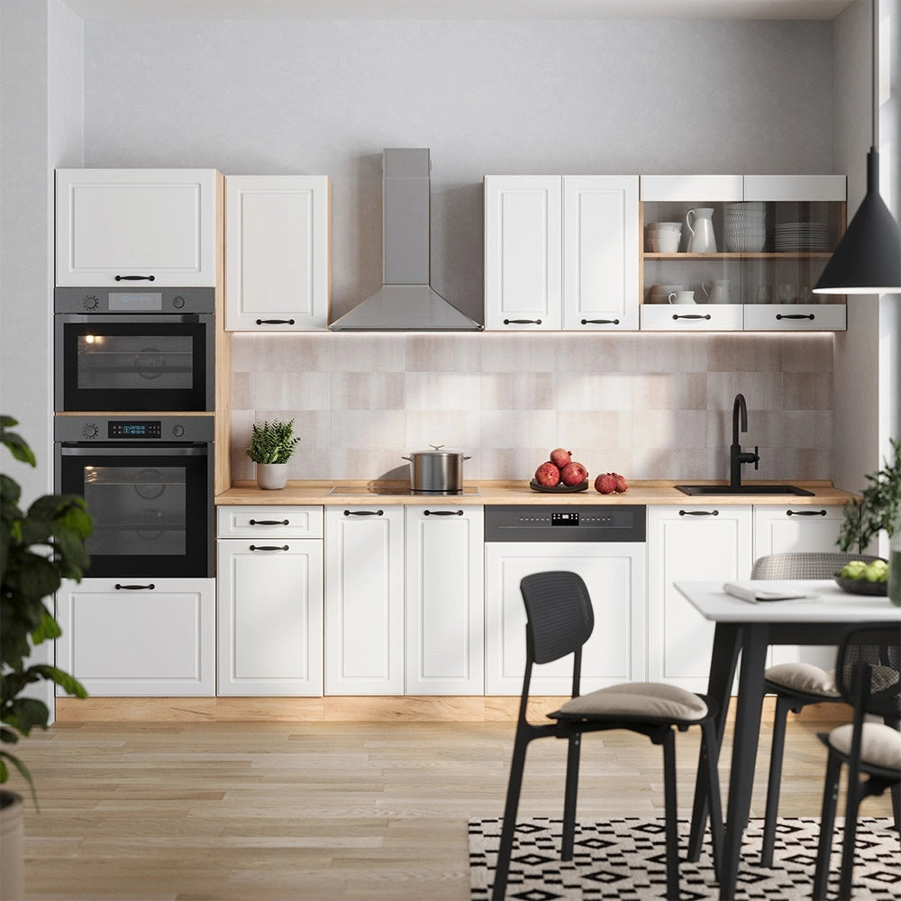 Cucina componibile R-Line Bianco rustico/Rovere dorato 300 cm con armadio alto, PL Marmo Vicco